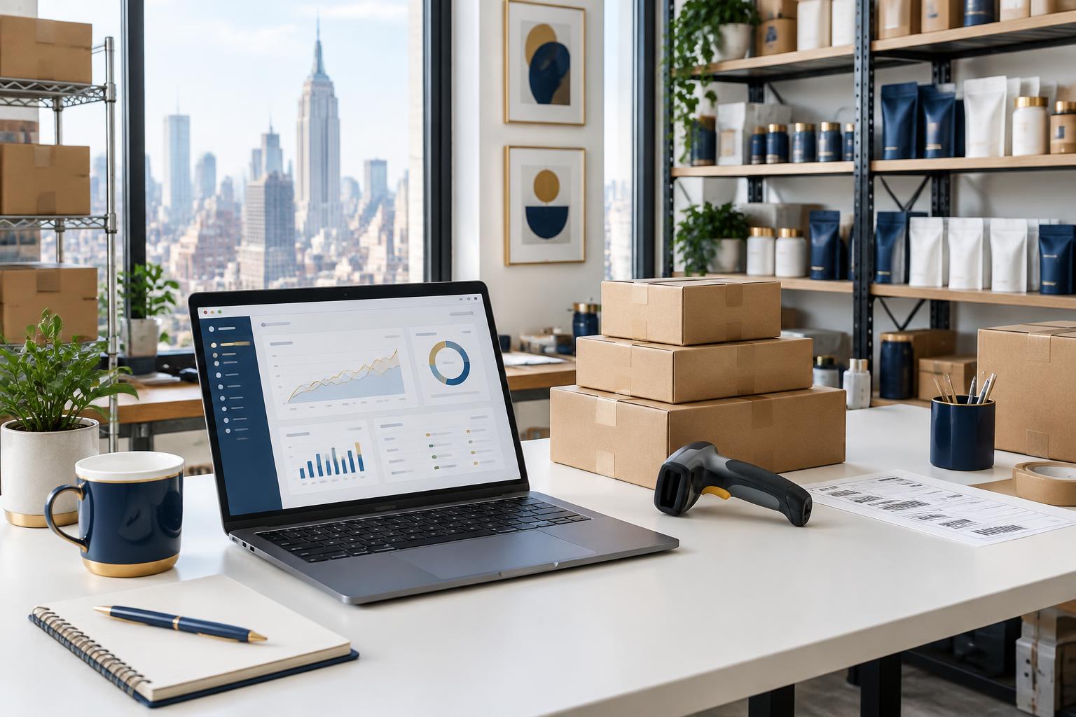 Illustrative ecommerce workspace with shipping boxes, a laptop, and inventory